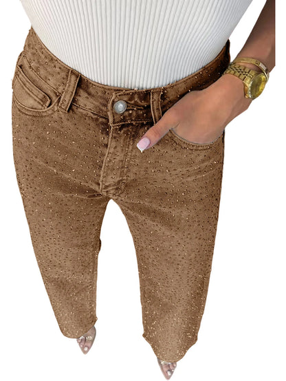 Straight Jeans for Women Diamonds Pants Stretch High Waist Washed Distressed Pockets Vintage Denims Streetwear Female Trousers