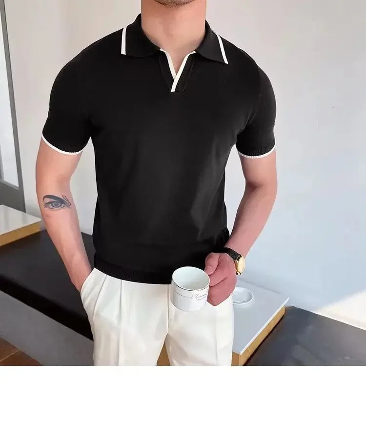 Summer Men's Knit Short Sleeve Polo Shirt Korean Style Slim Fit Solid Color Ice Silk Casual T-shirt Base Layer Top