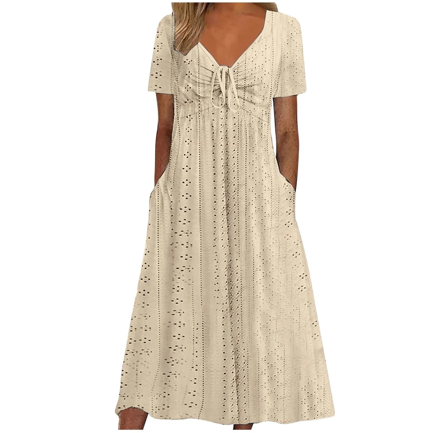 Women's Hollow Out Eyelet Beach Dress Solid Colour V-Neck Tie Short Sleeve Loose Long Dress With Pockets 2025 Boho Summer Dress