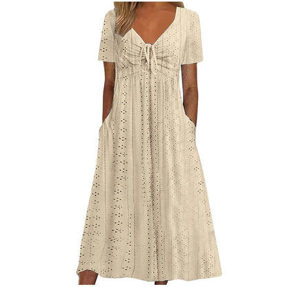 Women's Hollow Out Eyelet Beach Dress Solid Colour V-Neck Tie Short Sleeve Loose Long Dress With Pockets 2025 Boho Summer Dress