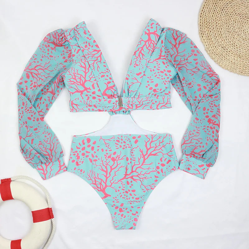 Women's Swimsuit 2024 Long Sleeve Rash Guard Bikini Surfing Suit One Piece Bodysuit Print Brasileño Push up Monokini Swimwear