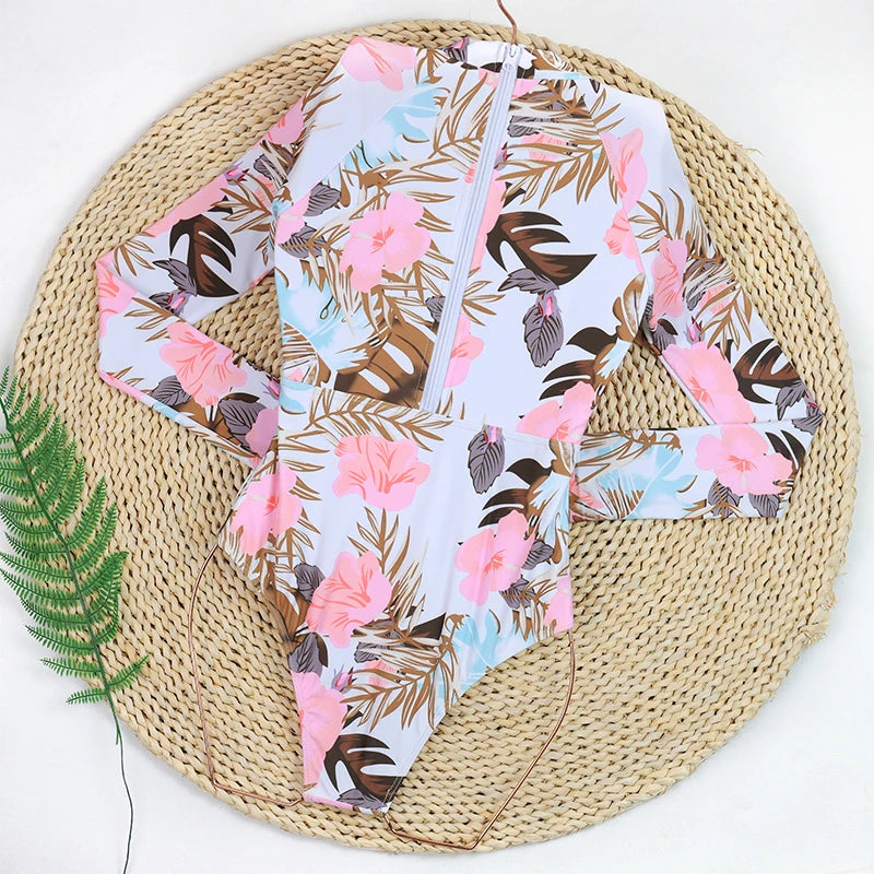 Women's Swimsuit 2024 Long Sleeve Rash Guard Bikini Surfing Suit One Piece Bodysuit Print Brasileño Push up Monokini Swimwear