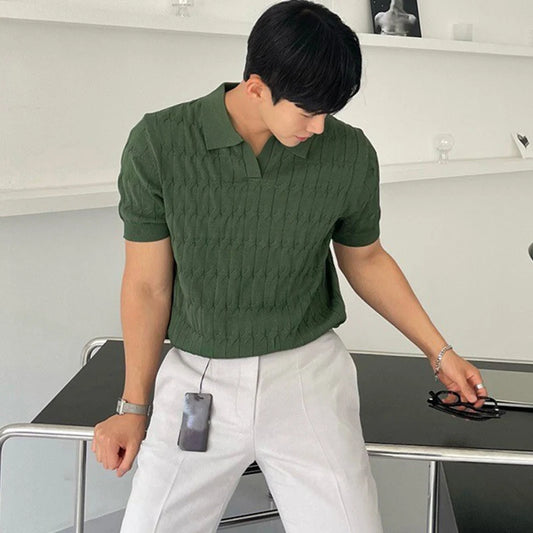 Summer Clothing Men's Luxury Knitted Jacquard Skinny Polo Shirt Korean Popular Breathable Leisure V Neck Short Sleeve Knitwear