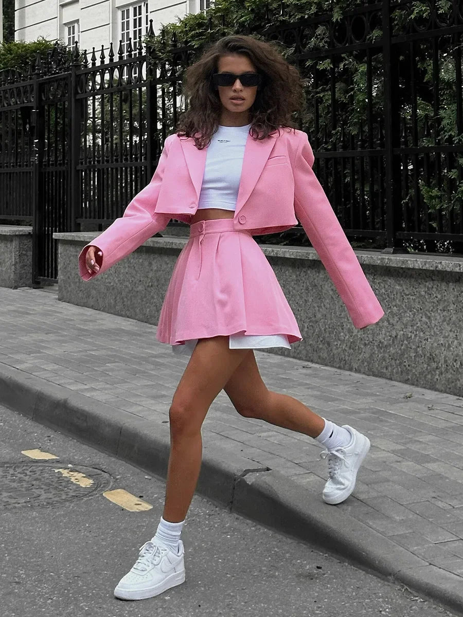 Blubelle Women Stylish Short Blazer Sets Crop Blazer Jackets & Pleated Mini Skirt 2 Pieces Sets Two Piece Sets Womens Outifits