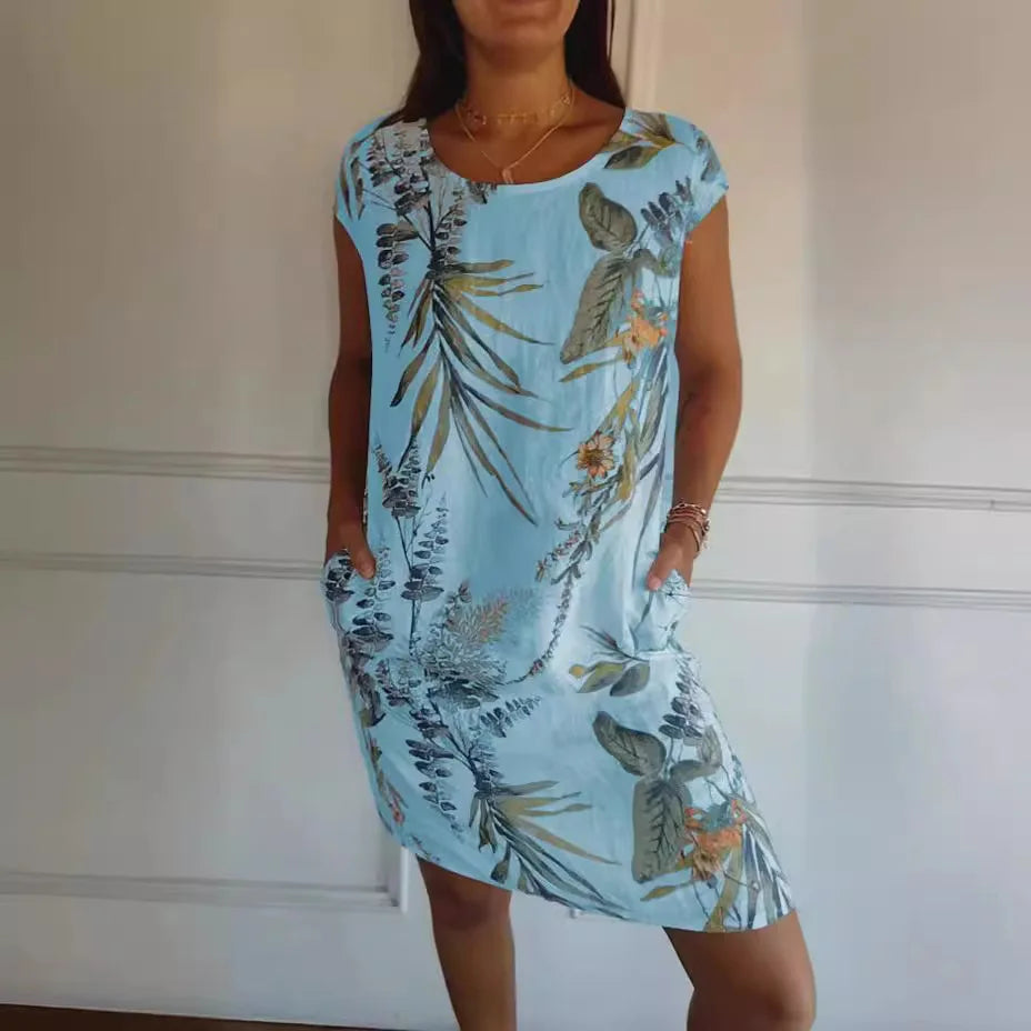 Spring Summer Hot Sale Of The Season Women's Cotton Linen Short Sleeve Printed Pocket round Neck Dress Elegant Style Comforta...