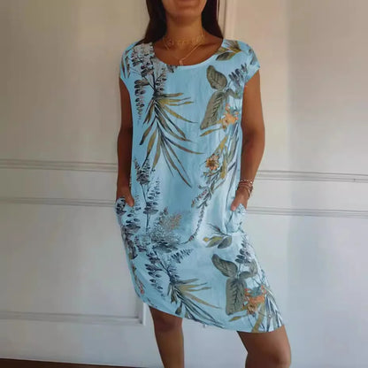 Spring Summer Hot Sale Of The Season Women's Cotton Linen Short Sleeve Printed Pocket round Neck Dress Elegant Style Comforta...