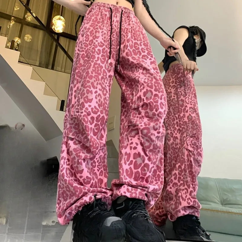 Matakawa Y2k Clothes Pink Leopard Women Pants Spring Autumn Streetwear Vintage Pantalones Mujer Hiphop Wide Leg Trousers