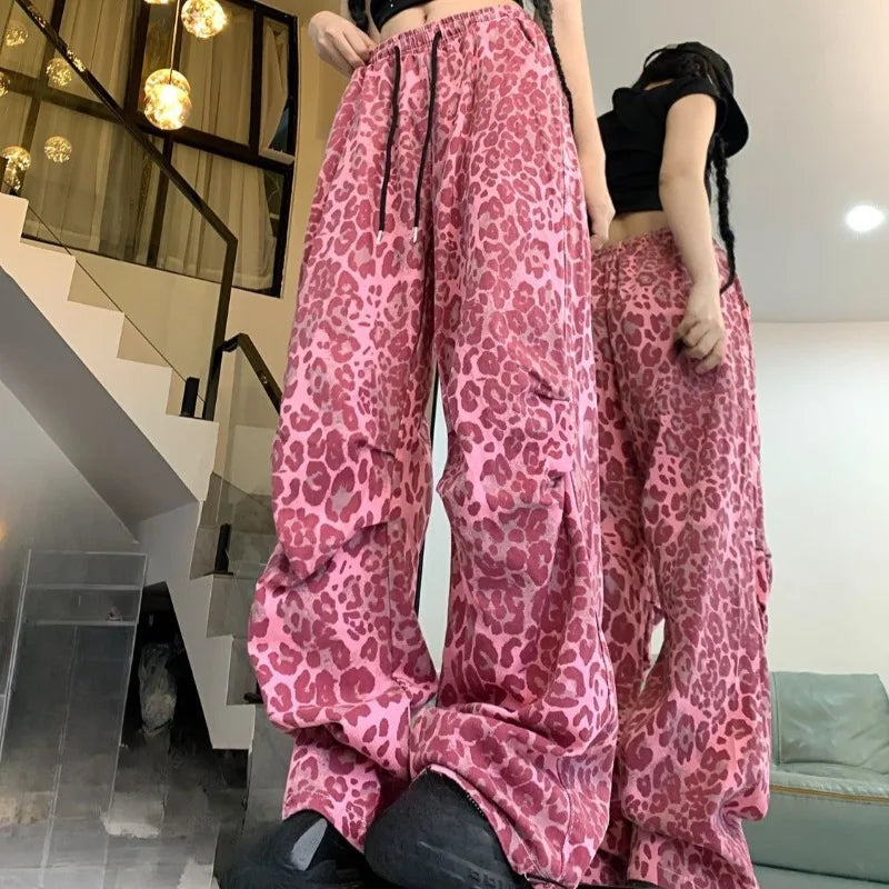 Matakawa Y2k Clothes Pink Leopard Women Pants Spring Autumn Streetwear Vintage Pantalones Mujer Hiphop Wide Leg Trousers