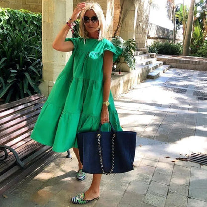 Casual Loose Ruffles Dress Women Fashion O-neck Pure Color Short Sleeve Dresses For Women 2024 Summer White Beach Sumdress
