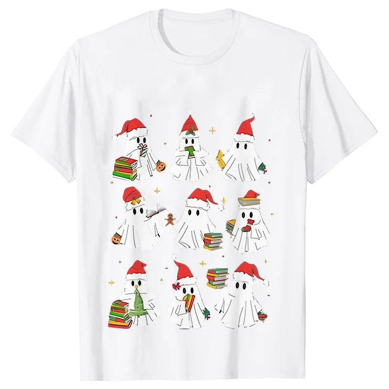 Christmas Ghost Short Sleeved Cute Ghost Printed Women's Loose and Comfortable Large T-shirt Party Clothing Women's Clothing