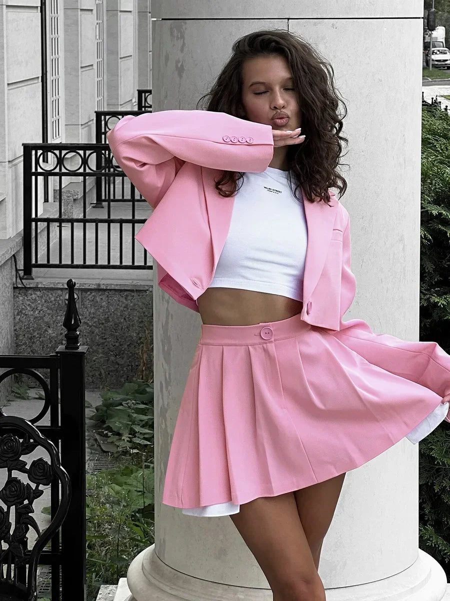 Fall Suit Skirt Suit Women's Solid Lapel Button Blazer Patchwork Pleated Skirt 2 Piece Skirt Suit FashionStreetwear Women's Y2k