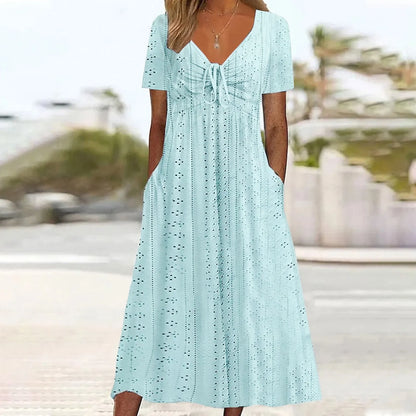 Women's Hollow Out Eyelet Beach Dress Solid Colour V-Neck Tie Short Sleeve Loose Long Dress With Pockets 2025 Boho Summer Dress