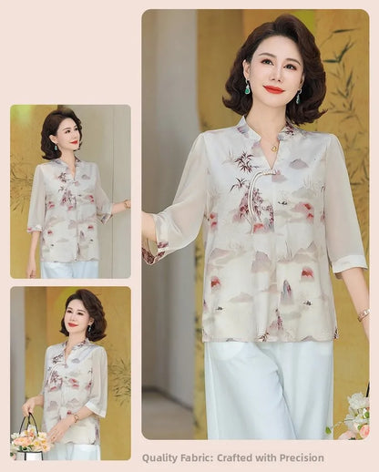 New Chinese Style Floral Print Chiffon Shirt Half Sleeve Women's Middle-Aged Spring Summer Top Mom's Fashionable Small Shirt