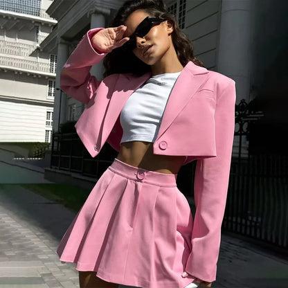 Fall Suit Skirt Suit Women's Solid Lapel Button Blazer Patchwork Pleated Skirt 2 Piece Skirt Suit FashionStreetwear Women's Y2k