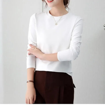 Korean Style Women's round Neck Long Sleeve Base Shirt Early Autumn New Pure Color Threaded Top Trendy T-shirt Slim Fit