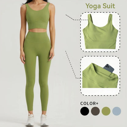 Seamless Yoga Set Women Gym Clothing Sports Bra Semi-Fixed Cups Workout Tops Anti Rolling Yoga Leggings with Pocket Tights