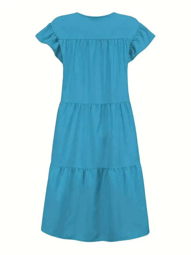 Casual Loose Ruffles Dress Women Fashion O-neck Pure Color Short Sleeve Dresses For Women 2024 Summer White Beach Sumdress