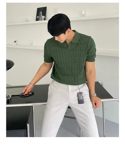 Summer Clothing Men's Luxury Knitted Jacquard Skinny Polo Shirt Korean Popular Breathable Leisure V Neck Short Sleeve Knitwear