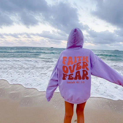 FAITH OVER FEAR Plush sweatshirt for women 2024 autumn and winter new Korean version student printed hooded loose