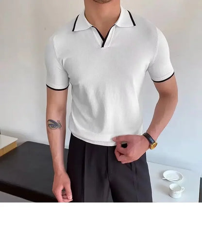 Summer Men's Knit Short Sleeve Polo Shirt Korean Style Slim Fit Solid Color Ice Silk Casual T-shirt Base Layer Top