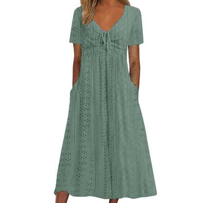 Women's Hollow Out Eyelet Beach Dress Solid Colour V-Neck Tie Short Sleeve Loose Long Dress With Pockets 2025 Boho Summer Dress