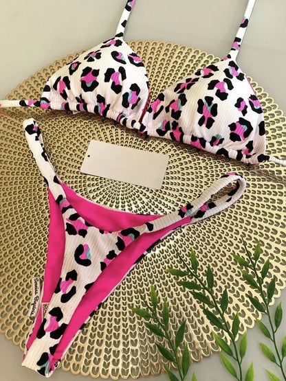 Printed Halter Wrinkled Bikinis Mini Micro Thong Bikini Female Swimsuit Women Swimwear Two-pieces Bikini Set Bathing Suit Swim