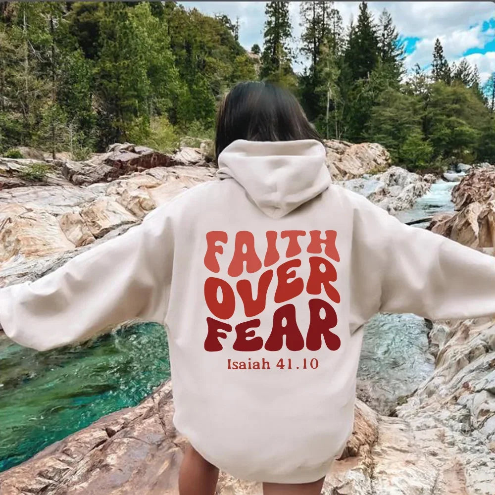 FAITH OVER FEAR Plush sweatshirt for women 2024 autumn and winter new Korean version student printed hooded loose