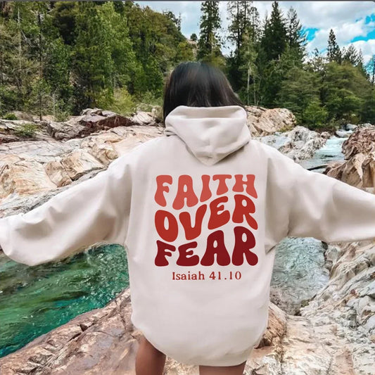 FAITH OVER FEAR Plush sweatshirt for women 2024 autumn and winter new Korean version student printed hooded loose