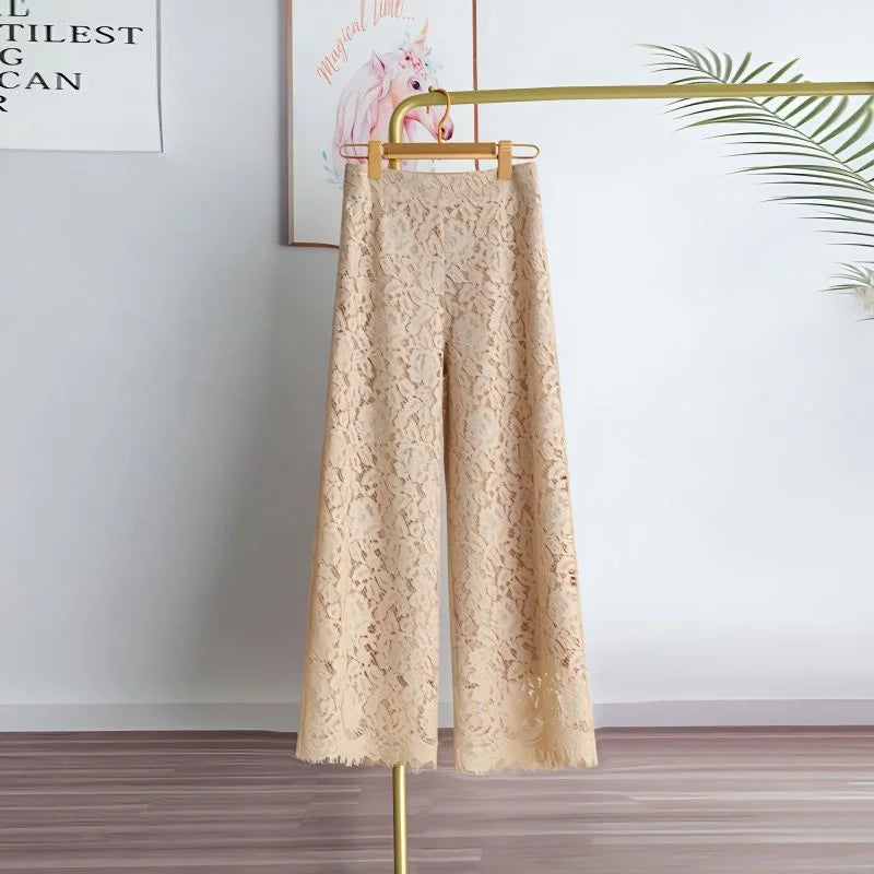 Female High Waist Wide-leg Trousers Summer Ladies Lace Straight-leg Pantalons Korean Women Casual Solid Color Nine Dvide Pants