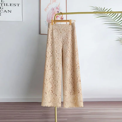 Female High Waist Wide-leg Trousers Summer Ladies Lace Straight-leg Pantalons Korean Women Casual Solid Color Nine Dvide Pants