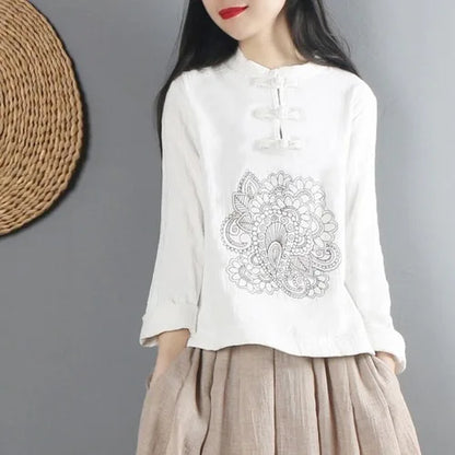 2022 Summer Chinese Style Ethnic Long Sleeve Women Retro Embroidery Blouse Red T-shirt Cotton Oversize Loose Ladies Casual Tops