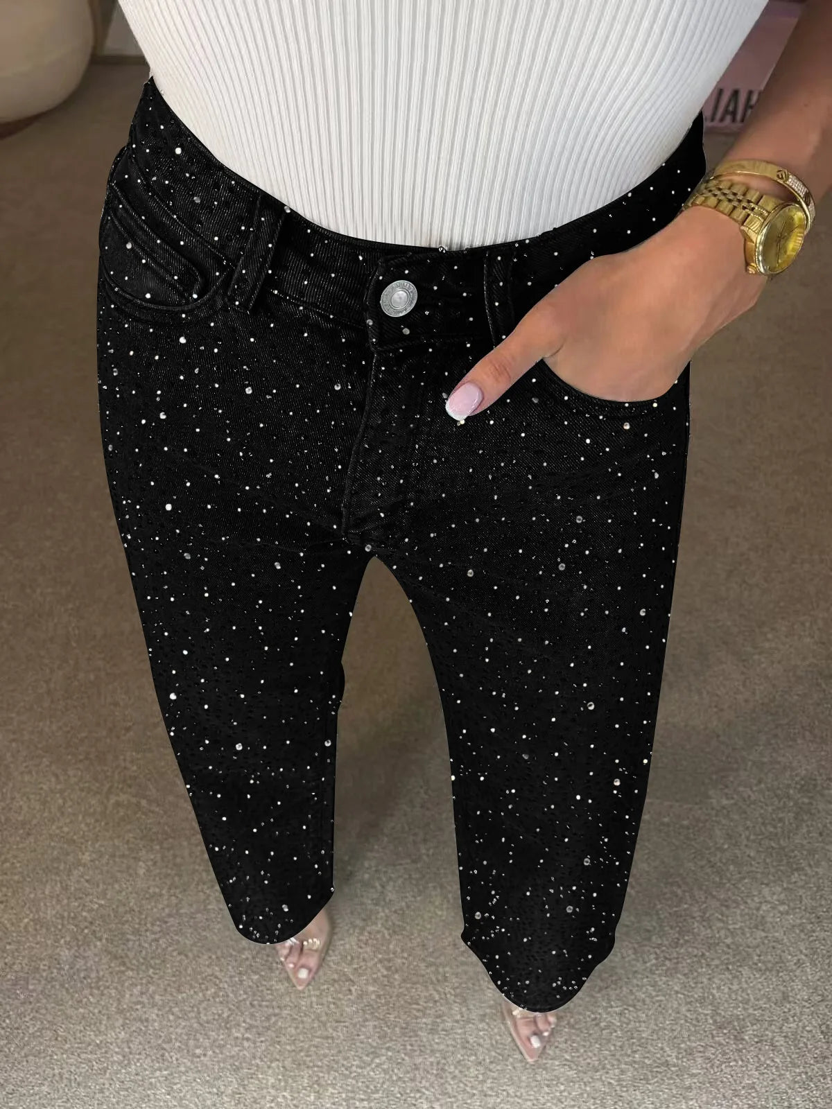 Straight Jeans for Women Diamonds Pants Stretch High Waist Washed Distressed Pockets Vintage Denims Streetwear Female Trousers
