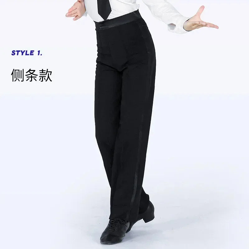 N72 Black Latin Modern Ballroom Tango Salsa Samba Trousers Practice Competition Latin Dance Pants For Men Kids Boys EJ