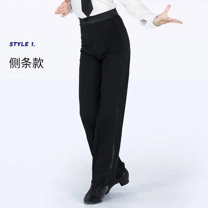 N72 Black Latin Modern Ballroom Tango Salsa Samba Trousers Practice Competition Latin Dance Pants For Men Kids Boys EJ