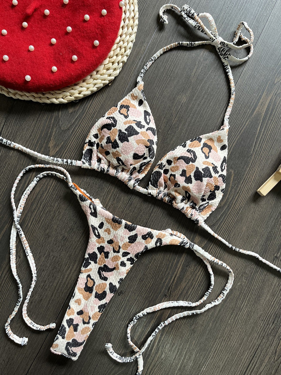 Printed Halter Wrinkled Bikinis Mini Micro Thong Bikini Female Swimsuit Women Swimwear Two-pieces Bikini Set Bathing Suit Swim