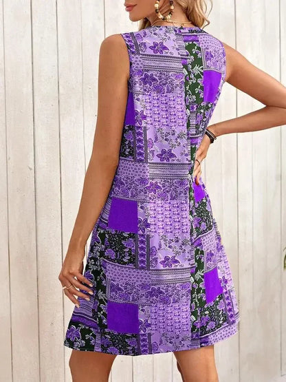 TUME Women's Fashion Print Dress Knee-Length Skirt Sleeveless Regular Waistline Cross-Border Summer New Arrival