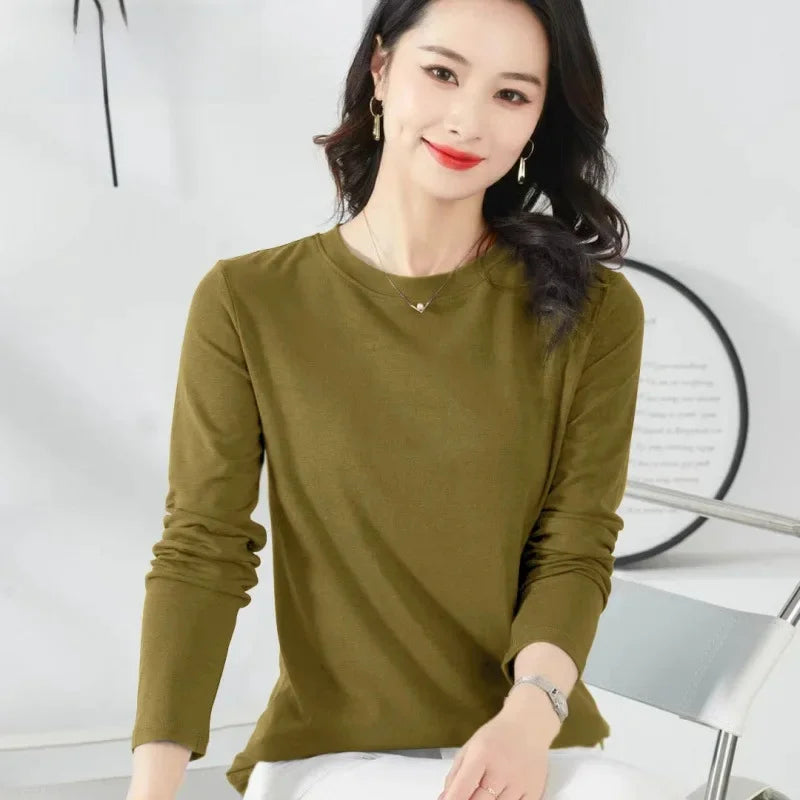 Korean Style Women's round Neck Long Sleeve Base Shirt Early Autumn New Pure Color Threaded Top Trendy T-shirt Slim Fit