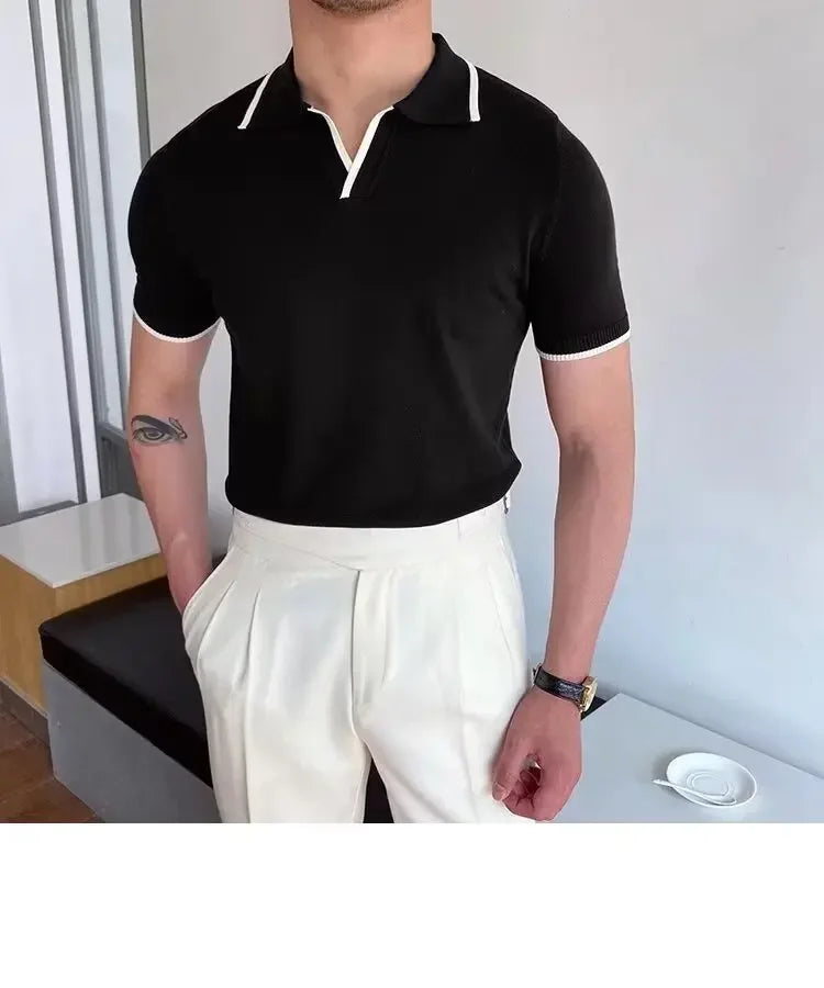 Summer Men's Knit Short Sleeve Polo Shirt Korean Style Slim Fit Solid Color Ice Silk Casual T-shirt Base Layer Top