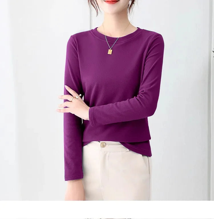 Korean Style Women's round Neck Long Sleeve Base Shirt Early Autumn New Pure Color Threaded Top Trendy T-shirt Slim Fit