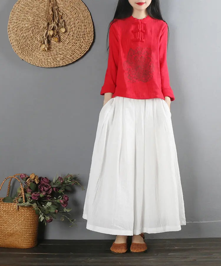 2022 Summer Chinese Style Ethnic Long Sleeve Women Retro Embroidery Blouse Red T-shirt Cotton Oversize Loose Ladies Casual Tops