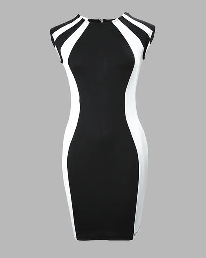 2025 Summer Women's Dresses Fashion Elegant Colorblock Round Neck Sleeveless Casual Bodycon Mini Daily Dress for Female