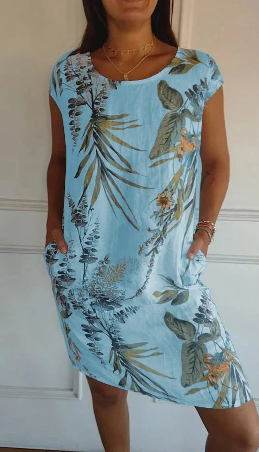 Spring Summer Hot Sale Of The Season Women's Cotton Linen Short Sleeve Printed Pocket round Neck Dress Elegant Style Comforta...