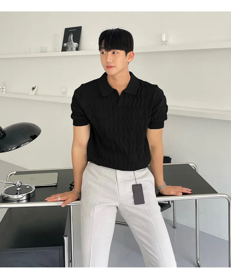 Summer Clothing Men's Luxury Knitted Jacquard Skinny Polo Shirt Korean Popular Breathable Leisure V Neck Short Sleeve Knitwear