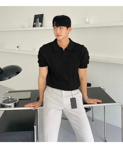 Summer Clothing Men's Luxury Knitted Jacquard Skinny Polo Shirt Korean Popular Breathable Leisure V Neck Short Sleeve Knitwear