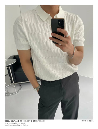 Summer Clothing Men's Luxury Knitted Jacquard Skinny Polo Shirt Korean Popular Breathable Leisure V Neck Short Sleeve Knitwear