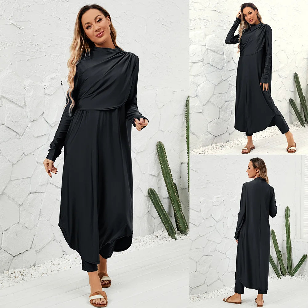 Black Modest Swimwear Women with Swim Cap 2025 Summer Swimsuit 3 Piece Set Burkini Muslim Mujer Robe Femme Musulmane Clothing