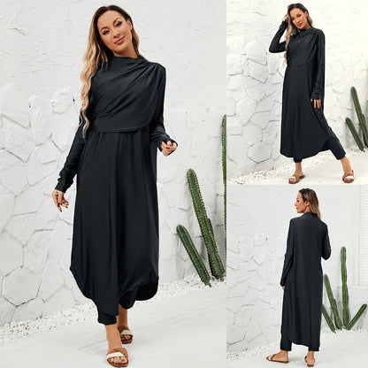 Black Modest Swimwear Women with Swim Cap 2025 Summer Swimsuit 3 Piece Set Burkini Muslim Mujer Robe Femme Musulmane Clothing