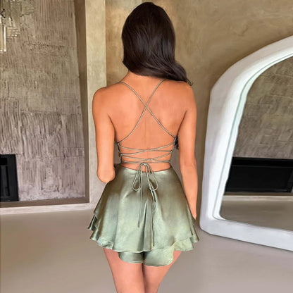 Popular Sleevesless Mini Dress Spaghetti Strap Solid Color Women Dress Sexy Tie-up Clubwear