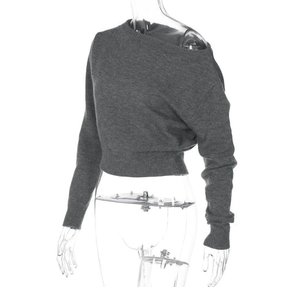 One Shoulder Beige Knitted Sweater Women's Pull Waist One-Shoulder Sweatshirt Jumper Pulls Spring Clothes 2026 Pullover Y2K New