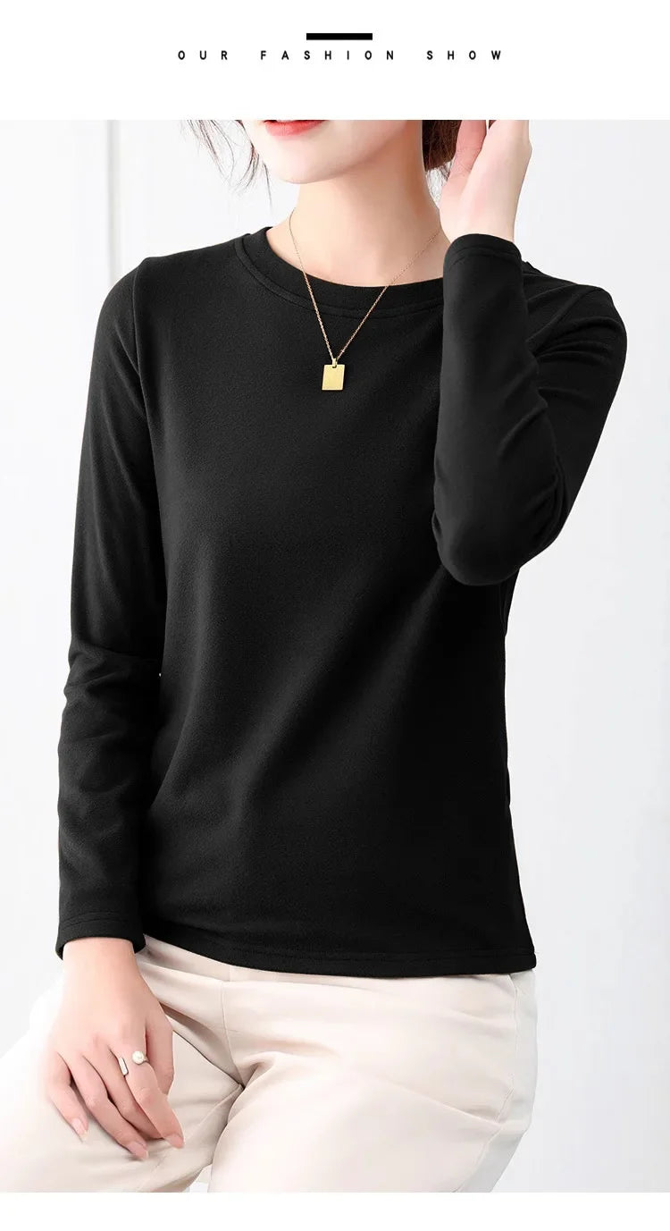Korean Style Women's round Neck Long Sleeve Base Shirt Early Autumn New Pure Color Threaded Top Trendy T-shirt Slim Fit